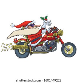 Santa Claus ride on motorcycle and holds a gift of mistletoe plant 