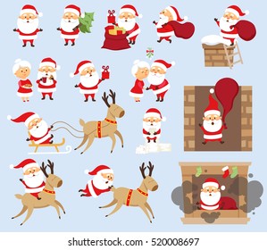 Santa Claus ride on reindeer, sleigh, run with bag, give gift box, fall down the chimney, hold Christmas tree, kiss his wife Mrs. Santa. Xmas character design set