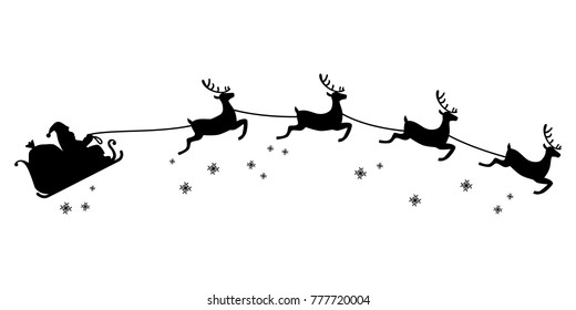 Santa Claus Ride On Sleigh Drawn By Flying Reindeer Silhouette Illustration, Christmas Concept.