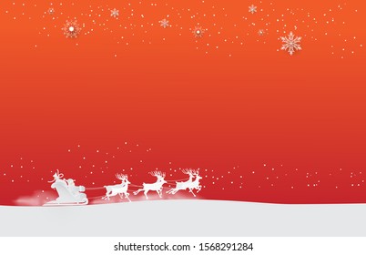 santa claus ride reindeers on snow with   white snowflake on red background.xmas,paper,copy space