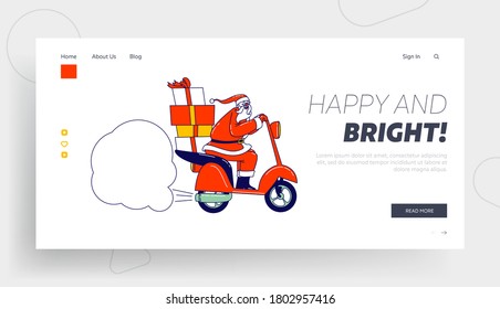 Santa Claus Ride Scooter with Gifts on Trunk Landing Page Template. Christmas Character in Red Festive Suit Advertising, Congratulation Mock Up Cloud with Copy Space. Linear People Vector Illustration