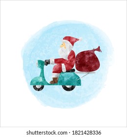 Santa Claus ride a scooter in watercolor style on white background. Vector illustration.