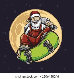 santa claus ride a skateboard with full moon background, christmas theme vector