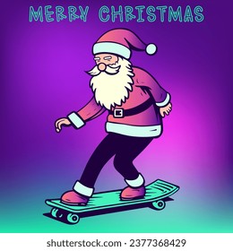 santa claus ride a skateboard on a red background, christmas theme vector.  Santa hipster standing on the skate board. Stylish Cool Christmas Character Father Noel Hurry. Cartoon Santa Claus vector