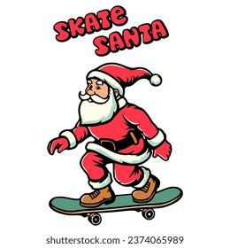 Santa claus ride skateboard in vintage hand drawing style. Santa ride skateboard in groovy style vector illustration