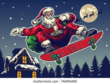 Santa claus ride skateboard in vintage hand drawing style