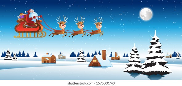 Santa claus ride sleigh with deer fly over village to send gift to everyone,vector illustration