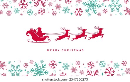 Santa Claus ride sleigh with flying reindeer. Snowflake and star decorative element. Santa Sleigh Silhouette. Merry christmas banner. Vector illustration