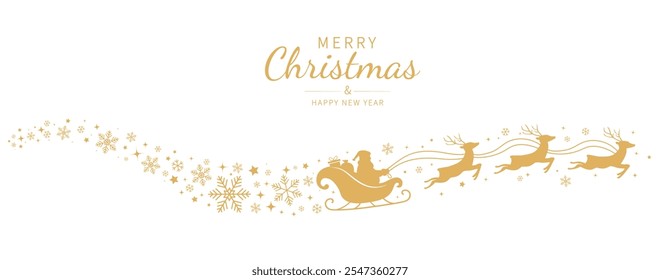 Santa Claus ride sleigh with flying reindeer. Snowflake and star decorative element. Santa Sleigh Silhouette. Merry christmas banner. Vector illustration