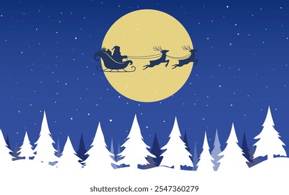 Santa Claus ride sleigh with flying reindeer. Snowflake and star decorative element. fir trees in snow. Merry christmas banner. Vector illustration