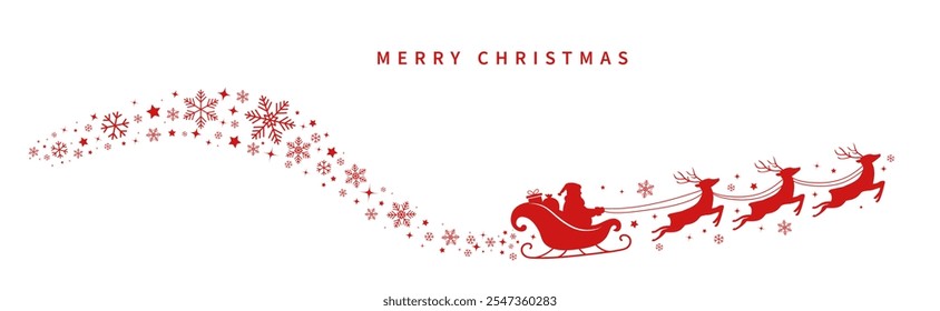 Santa Claus ride sleigh with flying reindeer. Snowflake and star decorative element. Santa Sleigh Silhouette. Merry christmas banner. Vector illustration