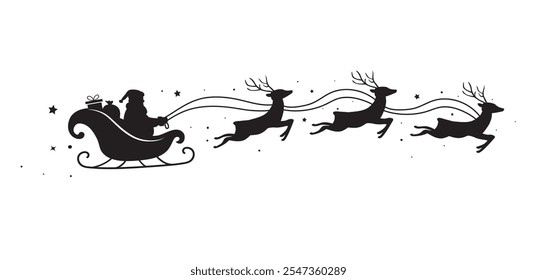 Santa Claus ride sleigh with flying reindeer. Santa Sleigh Silhouette isolated on white background. Merry christmas. Vector illustration