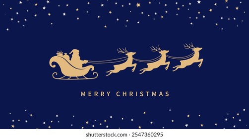 Santa Claus ride sleigh with flying reindeer. Snowflake and star decorative element. Santa Sleigh Silhouette. Merry christmas banner. Vector illustration