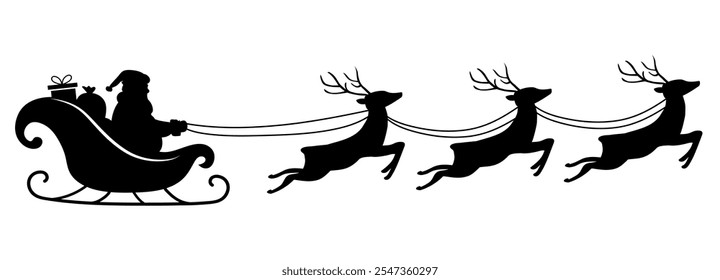 Papai Noel cavalga trenó com renas voadoras. Silhueta de Santa Sleigh isolada em fundo branco. Feliz Natal. Ilustração vetorial