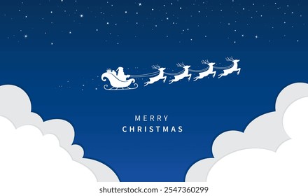 Santa Claus ride sleigh with flying reindeer on sky and clouds. Snowflake and star decorative element.Merry christmas banner. Vector illustration