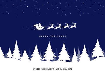 Santa Claus ride sleigh with flying reindeer. Snowflake and star decorative element. fir trees in snow. Merry christmas banner. Vector illustration