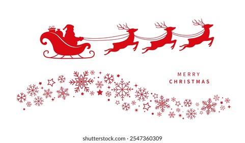 Santa Claus ride sleigh with flying reindeer. Snowflake and star decorative element. Santa Sleigh Silhouette. Merry christmas banner. Vector illustration