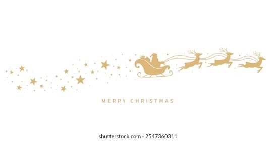 Santa Claus ride sleigh with flying reindeer. Snowflake and star decorative element. Santa Sleigh Silhouette. Merry christmas banner. Vector illustration