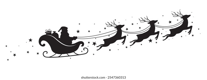 Papai Noel cavalga trenó com renas voadoras. Silhueta de Santa Sleigh isolada em fundo branco. Feliz Natal. Ilustração vetorial