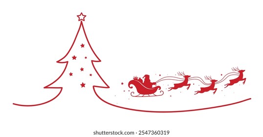 Santa Claus ride sleigh with flying reindeer. Christmas tree, Snowflake and star decorative element. Merry christmas banner. Vector illustration