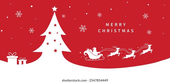 Santa Claus ride sleigh with flying reindeer. Christmas tree, Snowflake and star decorative element. Merry christmas banner. Vector illustration