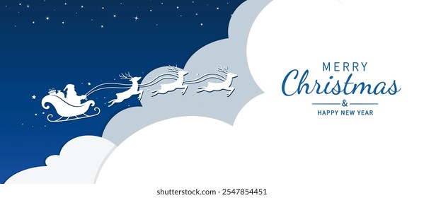 Santa Claus ride sleigh with flying reindeer on sky and clouds. Snowflake and star decorative. Merry christmas and happy new year background. Vector illustration