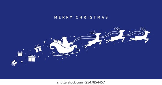 Santa Claus ride sleigh with flying reindeer. Snowflake and star decorative. Santa Sleigh Silhouette. Merry christmas banner. Vector illustration