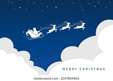 Santa Claus ride sleigh with flying reindeer on sky and clouds. Snowflake and star decorative. Merry christmas and happy new year background. Vector illustration