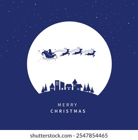 Santa Claus ride sleigh with flying reindeer in sky above the houses and fir trees. winter village. Christmas background. Vector illustration