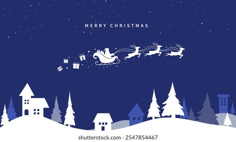 Santa Claus ride sleigh with flying reindeer in sky above the houses and fir trees. winter village. Christmas background. Vector illustration