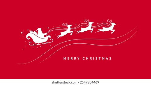 Papai Noel cavalga trenó com renas voadoras. Floco de neve e estrela decorativa. Silhueta de Santa Sleigh. Feliz Natal. Ilustração vetorial