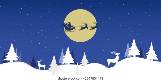 Santa Claus ride sleigh with flying reindeer in sky above the fir trees. Snowflake with snow falling. Christmas background. Vector illustration