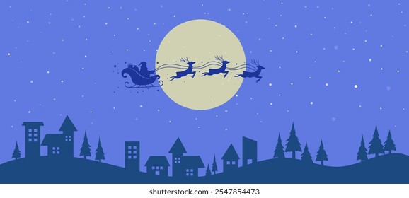 Santa Claus ride sleigh with flying reindeer in sky above the houses and fir trees. winter village. Christmas background. Vector illustration