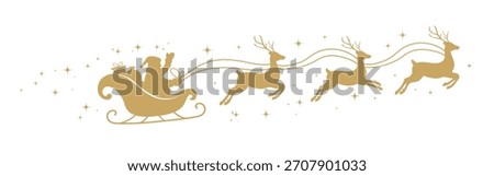 Santa Claus ride sleigh with flying reindeer. Sparkles, stars decorative element. Santa Sleigh Silhouette. Merry christmas banner. Vector illustration