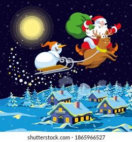 Santa Claus rider with a bag of gifts in his hands flies astride a deer through the night sky, behind a sled with a snowman, below a snowy winter village in the forest. Christmas, New Year vector 