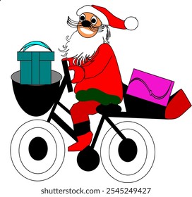 Santa Claus monta una bicicleta mientras lleva regalos ilustración dibujo de dibujos animados