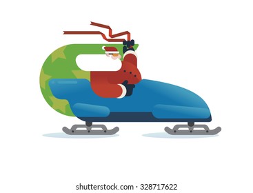 Santa Claus rides bobsled with big gift sack.