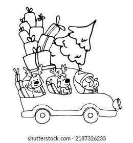 Santa Claus rides in a car or bus with reindeer and carries many gifts and a spruce upstairs. Deer are happy. Vector black line drawing in doodle style isolated on white background.