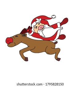 Santa Claus rides a deer, grabbing it by the horns .Vector children's design for greeting cards, banners.Sticker