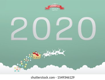 Santa Claus rides deer on the sky in the winter season on text 2020 background ,Paper art vector and Illustration