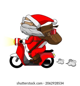 Santa Claus rides a motorcycle and has a bag on his back.