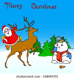 santa claus rides on deer and snowman