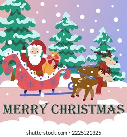 Santa Claus rides on a sled and carries gifts on reindeer through the evening winter forest. Snow is falling. Сozy Christmas card. Vector illustration in a flat cartoon style.