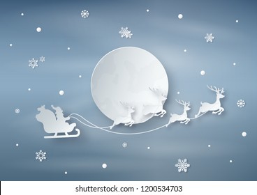Santa Claus rides reindeer sleigh against a full moon with snowflake and snowball falling in the air. Origami and Paper art. Vector illustration. Merry Christmas concept.