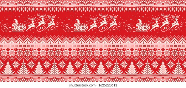 Santa Claus Rides Reindeer Sleigh Silhouette. Christmas Pixel Pattern. Traditional Nordic Seamless Striped Ornament. Scheme for Knitted Sweater Pattern Design or Cross Stitch Embroidery