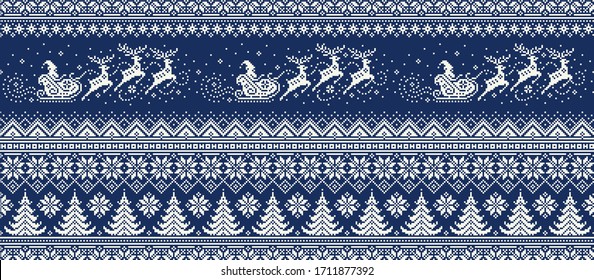 Santa Claus Rides Reindeer Sleigh Silhouette. Christmas Pixel Pattern. Traditional Nordic Seamless Striped Ornament. Scheme for Knitted Sweater Pattern Design or Cross Stitch Embroidery