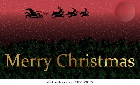 Santa claus rides a reindeer sleigh above a pine forest.