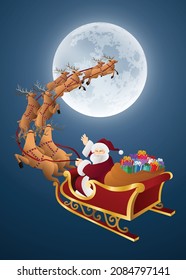 Santa claus rides reindeer sleigh on Christmas night. Graphic vector