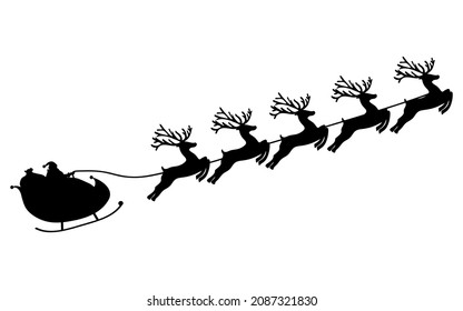 Santa Claus rides reindeer in a sleigh sled. 