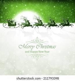 Santa Claus rides in a reindeer sleigh